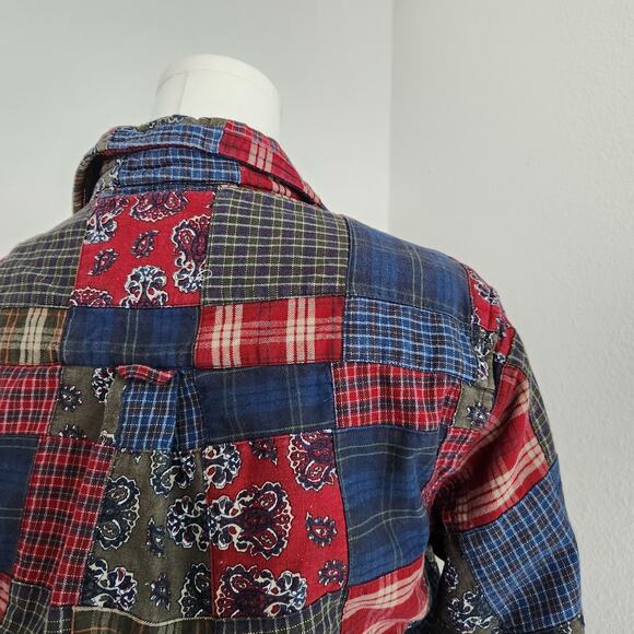 Vintage 90s Class Club Patchwork Plaid Bandana Print Cotton Button Down Shirt M - Picture 7 of 8
